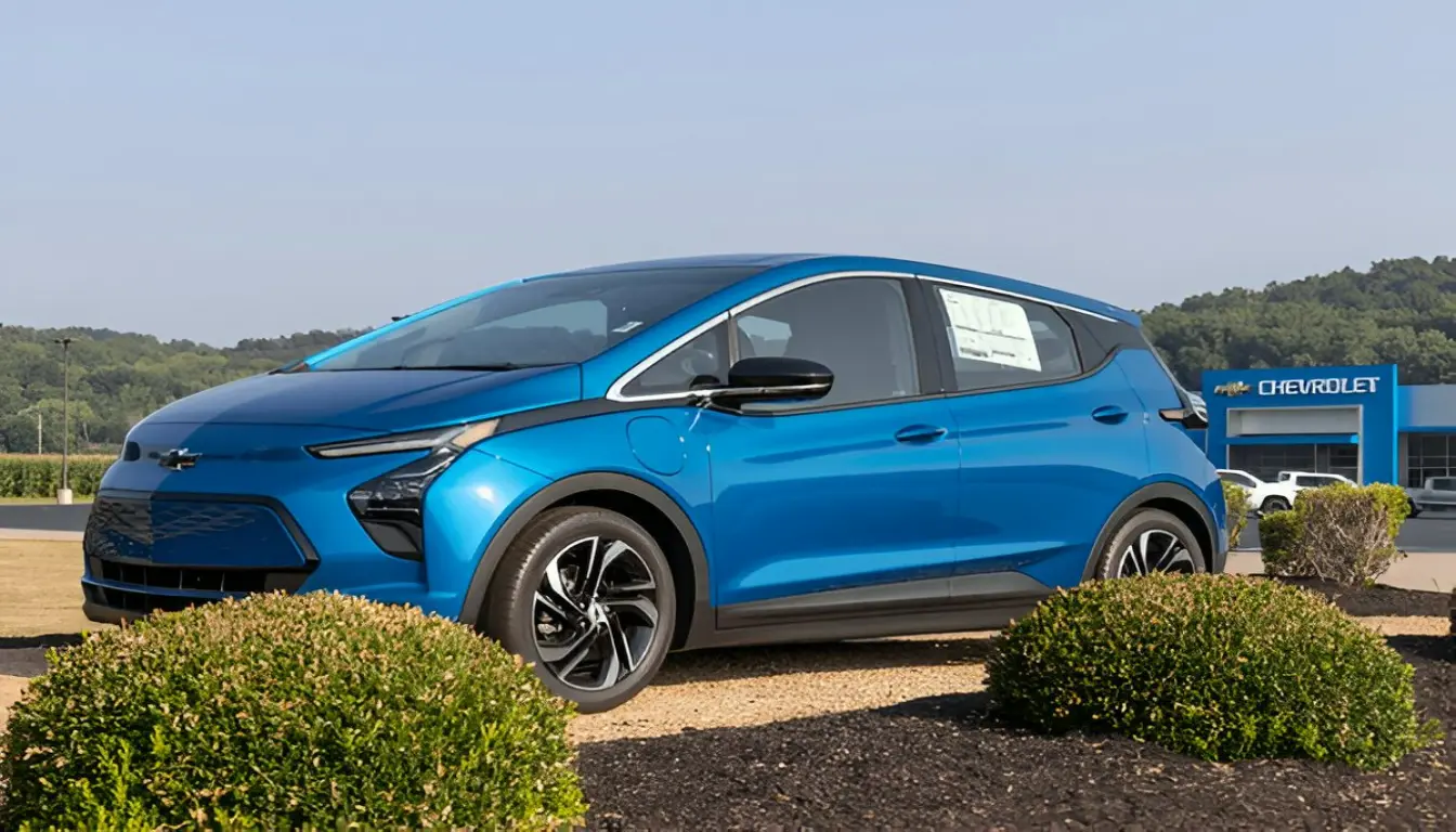 Chevy Bolt EV in an urban environment with city backdrop